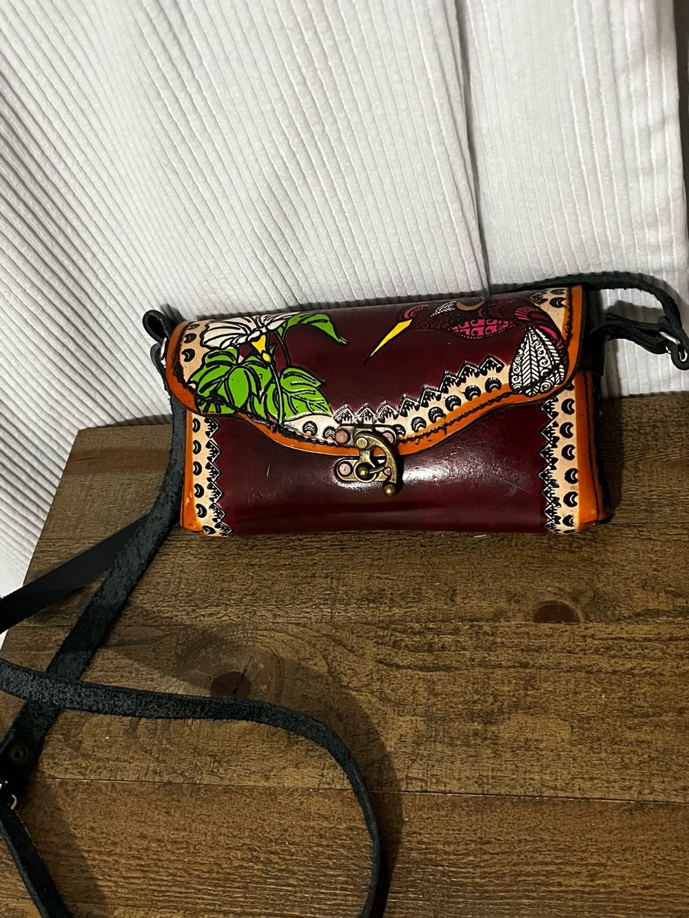 Hand-Painted Burgundy Leather Crossbody Bag with Floral Accent